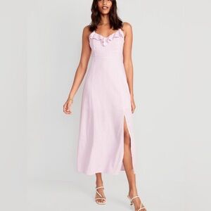 Lilac linen blend dress with ruffle trim